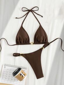 SHEIN Swim 女士夏季海滩音乐节性感棕色金属面料金属配饰度假风比基尼套装 - 巧克力棕 - 查看 7