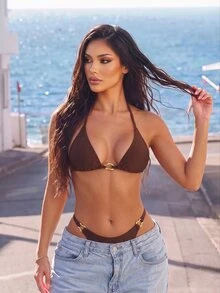 SHEIN Swim 女士夏季海滩音乐节性感棕色金属面料金属配饰度假风比基尼套装 - 巧克力棕 - 查看 1