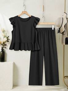 EMERY ROSE Women Black Plain Woven Fabric Blouse And Pants Set Cute Two Piece Outfit With Round Neck Flounce Sleeve Ruffle Hem Top - Black - View 2