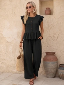 EMERY ROSE Women Black Plain Woven Fabric Blouse And Pants Set Cute Two Piece Outfit With Round Neck Flounce Sleeve Ruffle Hem Top - Black - View 3
