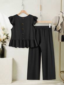 EMERY ROSE Women Black Plain Woven Fabric Blouse And Pants Set Cute Two Piece Outfit With Round Neck Flounce Sleeve Ruffle Hem Top - Black - View 6