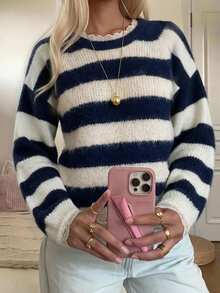 Comfortcana Women's Fashion Striped Colorblock Lace Patchwork Sweater - Multicolor - View 4