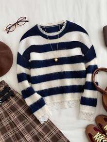 Comfortcana Women's Fashion Striped Colorblock Lace Patchwork Sweater - Multicolor - View 2
