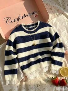 Comfortcana Women's Fashion Striped Colorblock Lace Patchwork Sweater - Multicolor - View 5