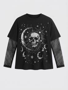 ROMWE Dark Gothic Skull Star Moon Print Mesh Patchwork Plus Size Women Loose T-Shirt - Black - View 7