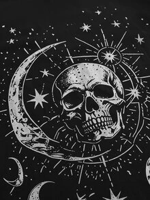 ROMWE Dark Gothic Skull Star Moon Print Mesh Patchwork Plus Size Women Loose T-Shirt - Black - View 9