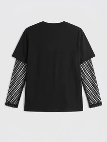 ROMWE Dark Gothic Skull Star Moon Print Mesh Patchwork Plus Size Women Loose T-Shirt - Black - View 8