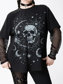 ROMWE Dark Gothic Skull Star Moon Print Mesh Patchwork Plus Size Women Loose T-Shirt - Black - View 3