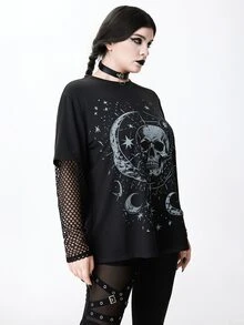 ROMWE Dark Gothic Skull Star Moon Print Mesh Patchwork Plus Size Women Loose T-Shirt - Black - View 6