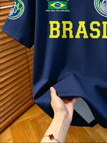 Manfinity Dauomo Men's Casual Sports Fashion Letter & Brazil Flag Print Contrast Trim Short Sleeve T-Shirt, Summer - Multicolor - View 8
