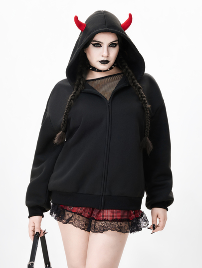 Street Life Sudadera casual de talla grande para mujer con sombrero de cuernos de demonio rojo para Halloween