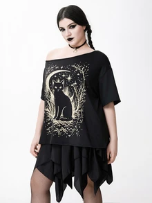 ROMWE Goth تي شيرت كاجوال للنساء بمقاسات كبيرة بكتف غير متماثل وطبعة قطة للارتداء اليومي - الأسود - مشاهدة 4