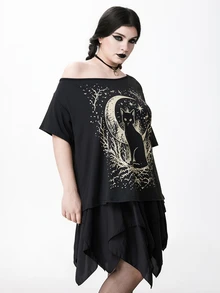 ROMWE Goth تي شيرت كاجوال للنساء بمقاسات كبيرة بكتف غير متماثل وطبعة قطة للارتداء اليومي - الأسود - مشاهدة 5