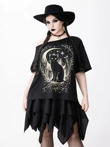 ROMWE Goth تي شيرت كاجوال للنساء بمقاسات كبيرة بكتف غير متماثل وطبعة قطة للارتداء اليومي - الأسود - مشاهدة 1