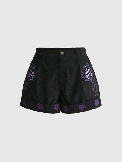 Goth Shorts de pana versátiles para otoño/invierno de talla grande con bordado de serpiente y luna en bosque oscuro