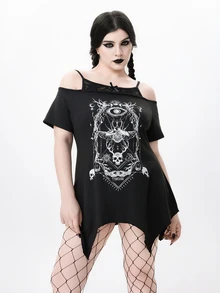 ROMWE Dark Gothic Skull Insect Skeleton Astrology Print Asymmetrical Hem Off Shoulder Lace Strap Black Plus Size T-Shirt - Black - View 3