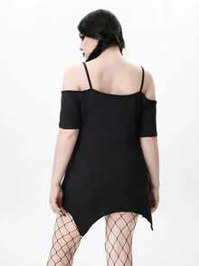 ROMWE Dark Gothic Skull Insect Skeleton Astrology Print Asymmetrical Hem Off Shoulder Lace Strap Black Plus Size T-Shirt - Black - View 2