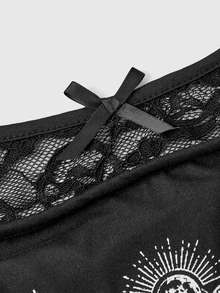 ROMWE Dark Gothic Skull Insect Skeleton Astrology Print Asymmetrical Hem Off Shoulder Lace Strap Black Plus Size T-Shirt - Black - View 9