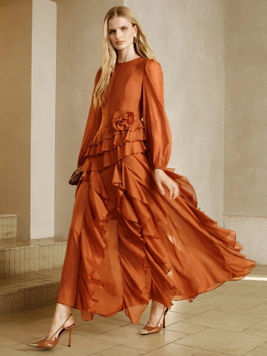 Arave Dress A-Line Asymmetric Ruffles 3D Flower Cuffed Long Sleeve Elegant Vintage Party Burnt Orange Elegant Long Dress Fall Clothes For Women Thanksgiving - Redwood - View 1