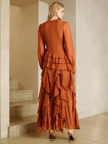 Arave Dress A-Line Asymmetric Ruffles 3D Flower Cuffed Long Sleeve Elegant Vintage Party Burnt Orange Elegant Long Dress Fall Clothes For Women Thanksgiving - Redwood - View 2