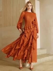 Arave Dress A-Line Asymmetric Ruffles 3D Flower Cuffed Long Sleeve Elegant Vintage Party Burnt Orange Elegant Long Dress Fall Clothes For Women Thanksgiving - Redwood - View 4