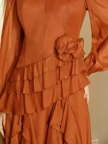 Arave Dress A-Line Asymmetric Ruffles 3D Flower Cuffed Long Sleeve Elegant Vintage Party Burnt Orange Elegant Long Dress Fall Clothes For Women Thanksgiving - Redwood - View 5