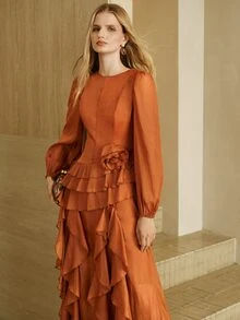 Arave Dress A-Line Asymmetric Ruffles 3D Flower Cuffed Long Sleeve Elegant Vintage Party Burnt Orange Elegant Long Dress Fall Clothes For Women Thanksgiving - Redwood - View 7