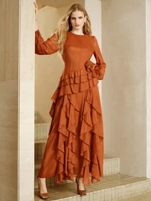 Arave Dress A-Line Asymmetric Ruffles 3D Flower Cuffed Long Sleeve Elegant Vintage Party Burnt Orange Elegant Long Dress Fall Clothes For Women Thanksgiving - Redwood - View 8