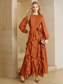 Arave Dress A-Line Asymmetric Ruffles 3D Flower Cuffed Long Sleeve Elegant Vintage Party Burnt Orange Elegant Long Dress Fall Clothes For Women Thanksgiving - Redwood - View 3