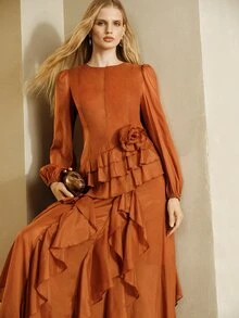 Arave Dress A-Line Asymmetric Ruffles 3D Flower Cuffed Long Sleeve Elegant Vintage Party Burnt Orange Elegant Long Dress Fall Clothes For Women Thanksgiving - Redwood - View 6