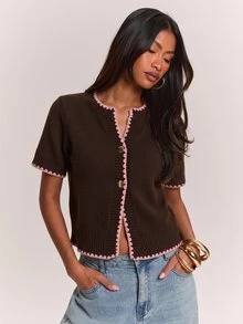 SHEIN BAE Regular Women's Gold Button Fur Knit Cardigan - Coffee Brown - View 4