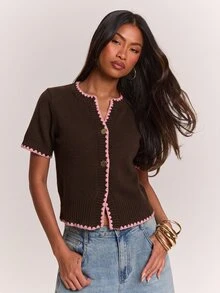 SHEIN BAE Regular Women's Gold Button Fur Knit Cardigan - Coffee Brown - View 3