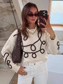 Vivid Eden Sweater Rajut Mohair Lembut Motif Bunga 3D untuk Wanita, Potongan Longgar dan Nyaman, Atasan Rajut Putih Leher Bulat dengan Simpul Tali 3D Berongga - Putih - View 3