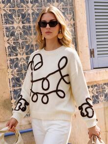 Vivid Eden Sweater Rajut Mohair Lembut Motif Bunga 3D untuk Wanita, Potongan Longgar dan Nyaman, Atasan Rajut Putih Leher Bulat dengan Simpul Tali 3D Berongga - Putih - View 6