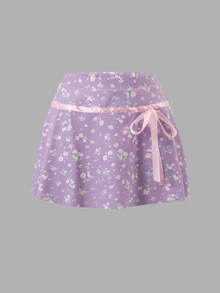 Sovereign Charm Women's Ditsy Floral Random All-Over Print Ribbon Bow Decor Sports Mini Skirt - Multicolor - View 4