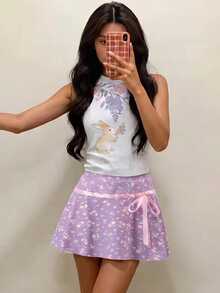 Sovereign Charm Women's Ditsy Floral Random All-Over Print Ribbon Bow Decor Sports Mini Skirt - Multicolor - View 3