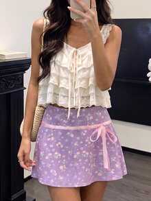 Sovereign Charm Women's Ditsy Floral Random All-Over Print Ribbon Bow Decor Sports Mini Skirt - Multicolor - View 1