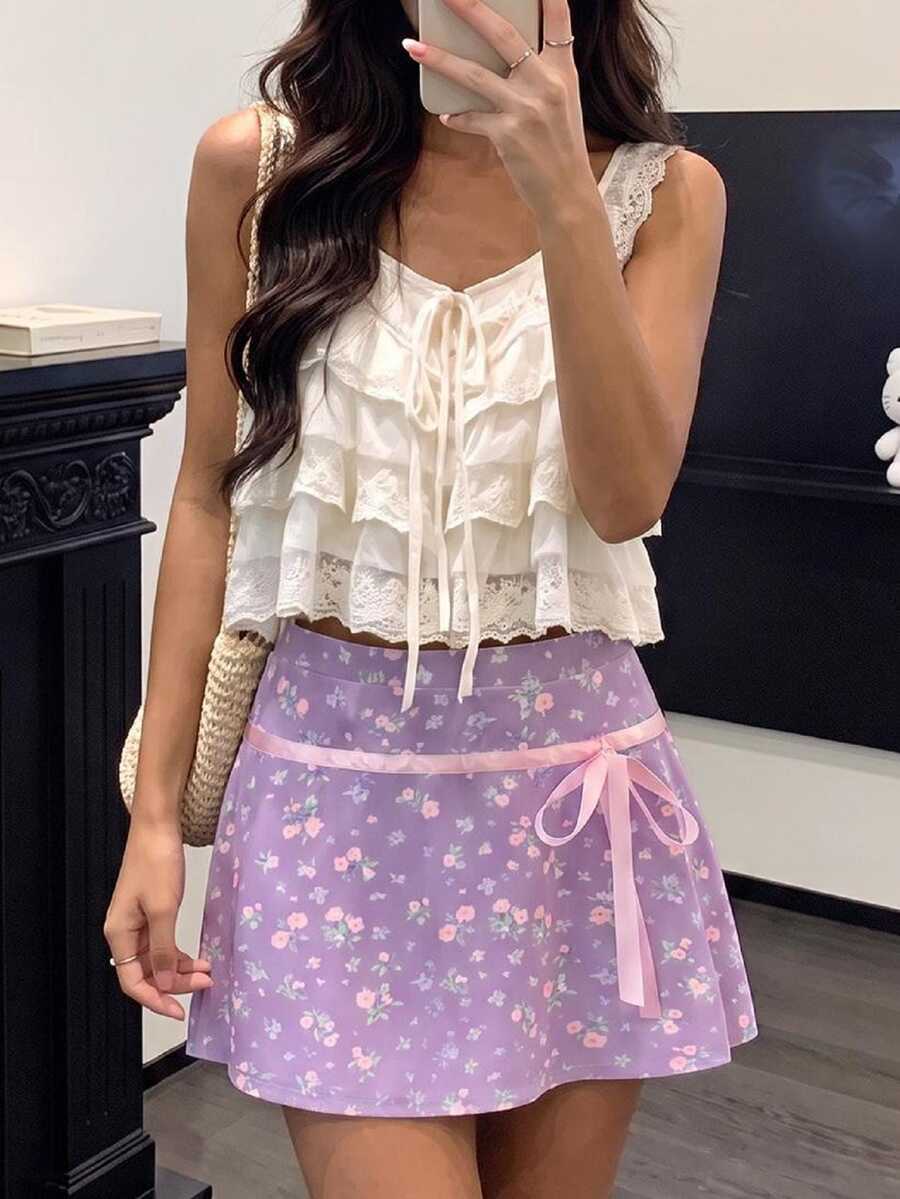 Sovereign Charm Women's Ditsy Floral Random All-Over Print Ribbon Bow Decor Sports Mini Skirt - Multicolor - View 1