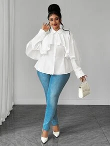 Maweii Blus Pendek Putih Ukuran Plus Serbaguna dengan Desain Prancis, Hem Bergelombang Asimetris - Putih - View 3