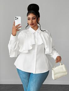 Maweii Blus Pendek Putih Ukuran Plus Serbaguna dengan Desain Prancis, Hem Bergelombang Asimetris - Putih - View 1