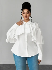 Maweii Blus Pendek Putih Ukuran Plus Serbaguna dengan Desain Prancis, Hem Bergelombang Asimetris - Putih - View 4