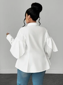 Maweii Blus Pendek Putih Ukuran Plus Serbaguna dengan Desain Prancis, Hem Bergelombang Asimetris - Putih - View 6