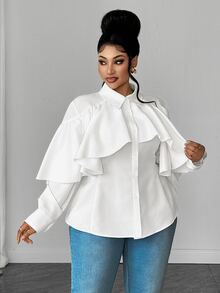 Maweii Blus Pendek Putih Ukuran Plus Serbaguna dengan Desain Prancis, Hem Bergelombang Asimetris - Putih - View 5