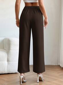 SHEIN PETITE 小碼女款高腰百褶細節直筒黑色長褲 - 巧克力棕 - 查看 2