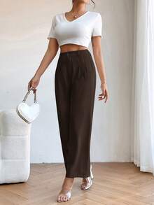 SHEIN PETITE 小碼女款高腰百褶細節直筒黑色長褲 - 巧克力棕 - 查看 5