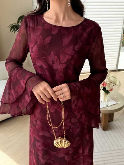 Yasmyna Vestido de mujer rosa primavera/verano con cuello redondo, estampado floral, volantes, manga larga acampanada y efecto estilizante, elegante para citas, fiestas y vacaciones