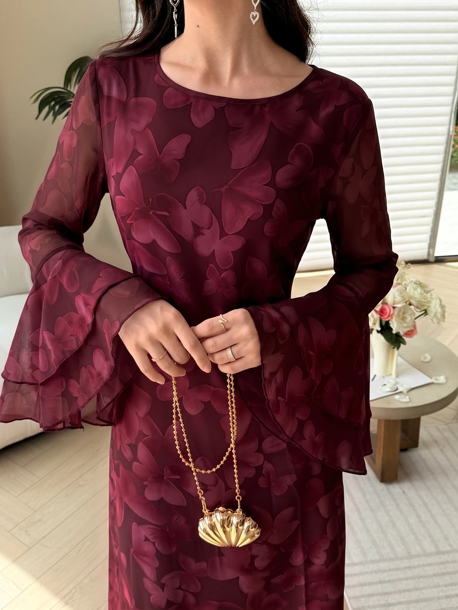Yasmyna 女款粉色春夏修身圓領花卉印花荷葉邊喇叭袖長袖洋裝,優雅約會派對度假穿搭 - 酒紅色 - 查看 1