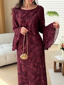 Yasmyna 女款粉色春夏修身圓領花卉印花荷葉邊喇叭袖長袖洋裝，優雅約會派對度假穿搭 - 酒紅色 - 查看 7
