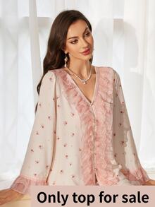 PalaceNights Court Style Ditsy Floral V-Neck Long Sleeve Women's Pajama Top - Multicolor - View 1