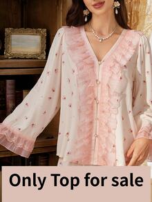 PalaceNights Court Style Ditsy Floral V-Neck Long Sleeve Women's Pajama Top - Multicolor - View 3